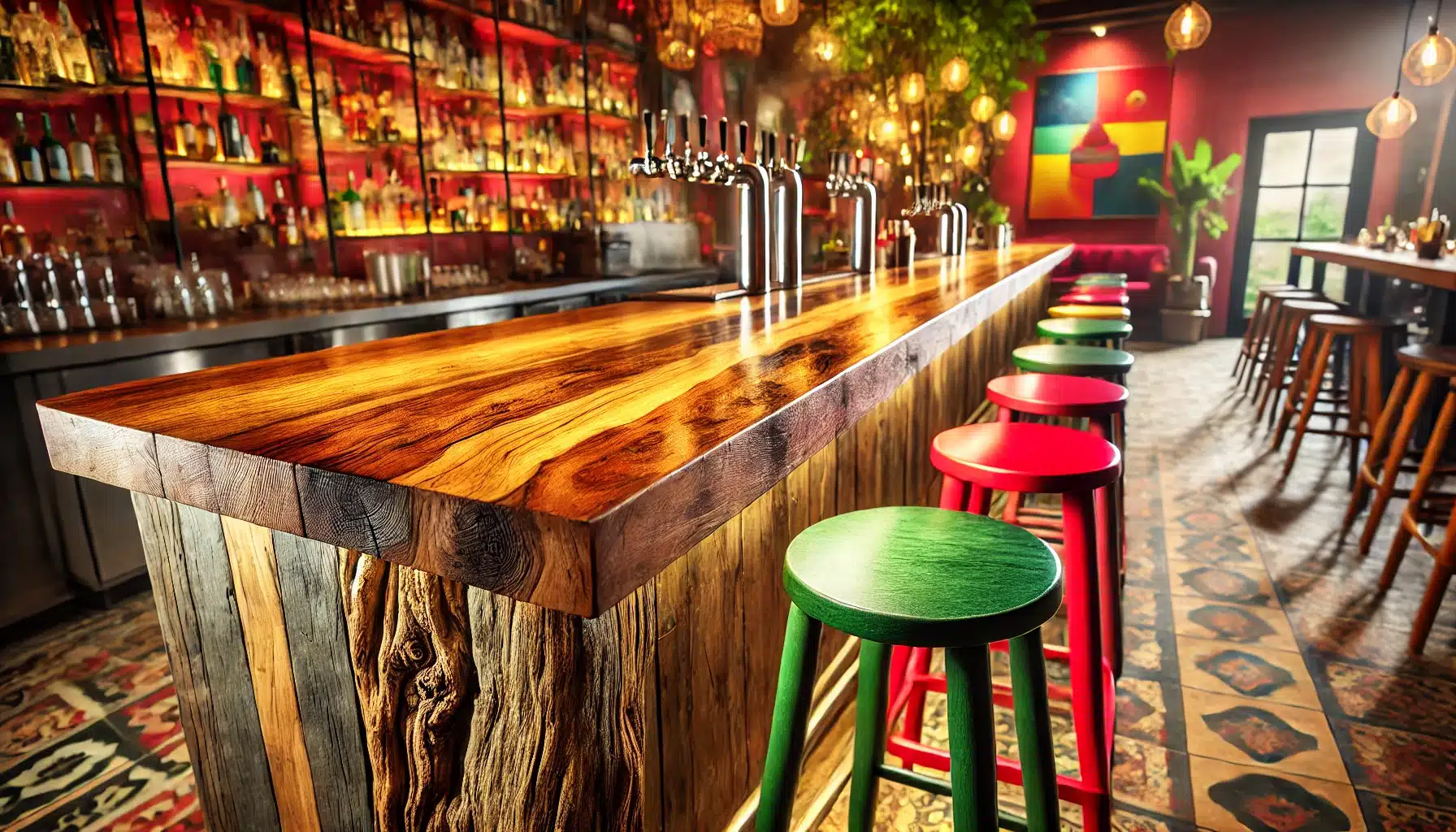 A vibrant bar scene featuring a rectangular reclaimed wood bar top with a polished finish, surrounded by colorful stools in shades of red and green. T