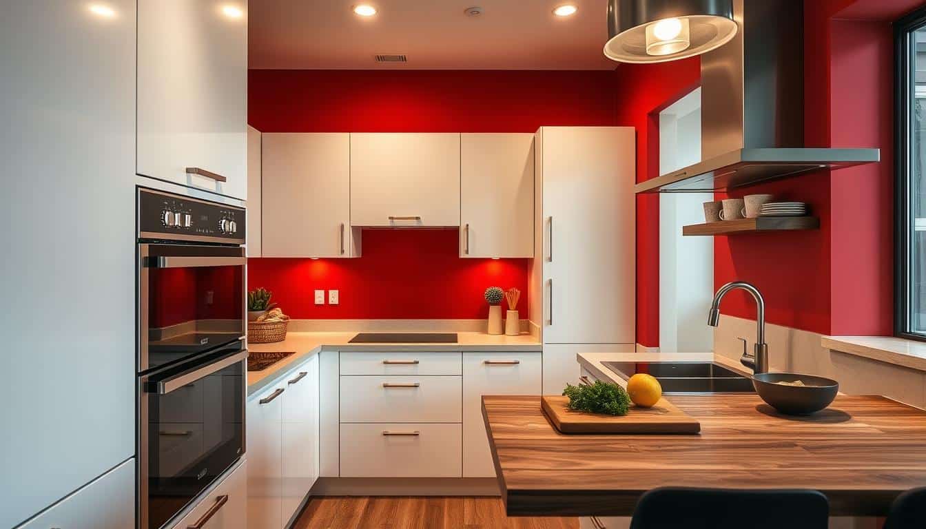 Top Kitchen Designs: Images of Kitchens with White Cabinets and Red Walls Plus Wall Ovens for Small Explore the newest trends in modern kitchen designs that mix beauty with practicality. White cabinets and bold red walls, along with wall ovens, are leading the kitchen remodeling world. This bold color mix and smart layout are ideal for small kitchens, making them both beautiful and functional. Looking into contemporary kitchen styles, you'll see how this design uses every space wisely. The classic look of white cabinets and the vibrant red walls create a welcoming and balanced space. It's perfect for sparking your cooking creativity and wowing your visitors. Embracing the Timeless Elegance of White Cabinets in Kitchen Design When it comes to kitchen remodeling ideas, white cabinets are a top choice. They are classic and versatile. White cabinets fit well with many design styles and contemporary kitchen aesthetics. White cabinets make kitchens look clean and spacious. They work well in small or large kitchens. This makes the space feel bigger and brighter. "White cabinets are the perfect canvas for any kitchen design. They allow homeowners to express their personal style through accents, fixtures, and appliances while maintaining a timeless and adaptable backdrop." - Sarah Thompson, Interior Designer Here are some benefits of white cabinets for your kitchen: Versatility: White cabinets fit many design styles, from traditional to modern. Brightness: White surfaces reflect light, making the room brighter and more welcoming. Cleanliness: White cabinets look clean and hygienic, perfect for a kitchen. Resale value: White cabinets can keep or even increase your home's value. White cabinets can be paired with different countertops to achieve various kitchen looks. Here's a table showing some examples: Countertop Material Kitchen Style Effect Marble Traditional or transitional Adds a touch of luxury and sophistication Quartz Modern or contemporary Provides a sleek, low-maintenance surface Butcher block Farmhouse or rustic Introduces warmth and natural texture Stainless steel Industrial or minimalist Creates a professional, chef-inspired look Choosing white cabinets in your kitchen design makes it beautiful and functional. It can change with your tastes and needs over time. The Bold Impact of Red Walls in Modern Kitchens Red walls can make a bold statement in modern kitchens. Red is a color that grabs your attention and adds interest. It's become popular in modern kitchen interiors as a vibrant pop of color. Creating a Striking Contrast with White Cabinetry Pairing red walls with white cabinets is effective. The white cabinets offer a neutral background for the red walls. This contrast is both striking and memorable. When using red and white in your kitchen remodeling ideas, finding the right balance is key. Too much red can overwhelm, while too little may not have enough impact. Experimenting with different red shades helps find the perfect balance. Incorporating Red Accent Walls for a Pop of Color Accent walls are a great way to add red subtly. Painting a single wall or part of a wall in red creates a focal point. This way, you can avoid an all-red kitchen. Red accent walls can be used in various ways. You can paint a wall behind the stove or sink, next to white cabinets, or in a dining nook. These options depend on your kitchen's layout and style. Creating a red accent wall behind the stove or sink area Painting a red accent wall adjacent to white cabinetry Incorporating a red accent wall in a dining nook or breakfast area Choosing the right red shade is important. A deep, rich red can warm up a traditional kitchen. A bright, vibrant red can energize a modern space. Maximizing Space with Wall Ovens in Small Kitchens Adding wall ovens to small kitchens is a smart move. It frees up floor space and makes your kitchen look better. This choice also makes cooking and cleaning easier. The Benefits of Installing Wall Ovens in Compact Spaces Wall ovens bring many benefits to small kitchens. They include: More counter space for food prep and other tasks Easier access since ovens are at a better height A sleek, modern look that enhances your kitchen's appeal Flexibility in arranging your kitchen layout Choosing the Right Size and Style of Wall Oven for Your Kitchen Choosing the right wall oven is key for small kitchens. Consider these factors: Measure your wall space to ensure a good fit Think about the oven size you need based on your cooking habits Pick a style that matches your kitchen's design, like stainless steel or custom panels Look for features like self-cleaning, convection, or smart tech By carefully choosing, you can find the perfect wall oven. It will make your small kitchen more functional and stylish. Wall ovens are a smart choice for small kitchens, as they maximize space, improve ergonomics, and contribute to a contemporary kitchen aesthetic. Wall Oven Size Capacity Ideal for 24-inch 2.0-3.0 cubic feet Studio apartments, small households 27-inch 3.0-4.0 cubic feet Average-sized families, entertaining 30-inch 4.0-5.0 cubic feet Large families, frequent hosting Wall ovens can transform your small kitchen. They make it look great and work better, using every inch wisely. Images of Kitchens with White Cabinets and Red Walls Plus Wall Ovens for Small Explore a stunning collection of images of kitchens with white cabinets and red walls. They show the perfect mix of classic elegance and bold style. These modern kitchen interiors are great for anyone looking to make their kitchen stand out. These images range from sleek and minimalistic to cozy and traditional. White cabinets paired with vibrant red walls are incredibly versatile. The white cabinets act as a neutral background, letting the red walls be the main attraction. "The combination of white cabinets and red walls in a kitchen is a daring choice that exudes confidence and personality. It's a look that demands attention and makes a lasting impression on anyone who enters the space." These kitchens also feature wall ovens, which save space and improve functionality. Wall ovens help keep countertops and floors clear, making the kitchen more open and efficient. When looking at these inspiring images, notice the unique details that make each kitchen special: The specific shade of red used on the walls and how it complements the white cabinetry The style and finish of the white cabinets, ranging from modern high-gloss to traditional shaker The placement and integration of wall ovens within the overall kitchen layout Additional design elements, such as backsplashes, countertops, and lighting fixtures, that enhance the overall aesthetic By studying these images of kitchens with white cabinets and red walls, you'll get valuable insights for your own kitchen remodeling ideas. Whether you have a small space or want a bold and inviting kitchen, these modern kitchen interiors show the lasting charm of this classic color combination. Contemporary Kitchen Aesthetics: Combining White, Red, and Stainless Steel Creating a modern kitchen that looks great and works well is easy with white, red, and stainless steel. Mixing these colors and textures makes your kitchen stand out. Here's how to make your kitchen look amazing. Balancing Colors and Textures for a Modern Look To mix white, red, and stainless steel well, start with white cabinets. They're a clean base for your kitchen. Then, add a bold red wall or backsplash. This bright color makes your kitchen lively and contrasts well with white. Use red as an accent, covering 10-20% of the room. This can be a wall, backsplash, or accessories. Keep most of the space white, with stainless steel adding a cohesive touch. Incorporating Stainless Steel Appliances to Complement the Color Scheme Stainless steel appliances fit perfectly with white and red. They add elegance and are practical for cooking. Choose appliances with simple designs to keep the modern look. Go for a stainless steel fridge, oven, and dishwasher for a unified kitchen. Pick models with red accents or LED lights to match your walls or backsplash. White cabinets, red accents, and stainless steel appliances make a stunning kitchen. This color scheme is timeless and lets you add your personal touch. Update your kitchen with white, red, and stainless steel for a modern look. Exploring the Versatility of White Cabinetry in Kitchen Remodeling White cabinetry designs are key in kitchen remodeling. They work well in both small and large kitchens. You can customize them to fit your style and needs. White cabinets come in many door styles. You can choose from modern slab doors to traditional raised-panel designs. Glass-front doors are great for showing off your dishes, while shaker-style doors offer a classic look. Choosing the right hardware is important for your white cabinets. You can pick from finishes like brushed nickel or warm brass. Different pulls and knobs can make your kitchen truly yours. The beauty of white cabinetry lies in its ability to adapt to any kitchen layout, making it a perfect choice for both small and large spaces. White cabinets are a blank canvas for creativity. You can add a glaze for a vintage look or go for a high-gloss finish for modern style. Pairing them with contrasting countertops adds depth and interest. In open-concept kitchens, white cabinets help create a smooth flow. Using them in both the kitchen and living areas makes your space feel bigger and more welcoming. This design choice enhances the look and feel of your home. Customize white cabinets with various door styles and hardware options Choose a finishing technique that suits your desired kitchen aesthetic Use white cabinetry to create continuity in open-concept spaces White cabinetry designs open up endless possibilities for a stylish and functional kitchen. By using them in your kitchen remodel, you can create a look that lasts. The Psychology of Color: How Red Walls Affect Your Cooking Experience The color of your kitchen walls can change how you cook. Red is a bold color that can make you feel strong emotions. It can also change how you cook and entertain. Stimulating Appetite and Encouraging Socializing in the Kitchen Red makes you want to eat more. It's a great color for kitchen walls. It can make you enjoy cooking and eating more. Red also makes your kitchen feel lively. It's perfect for entertaining. It creates a space where people love to gather and share meals. Creating a Warm and Inviting Atmosphere with Red Walls Red walls also make your kitchen feel cozy. It's a color of comfort and warmth. It's great for a place where you spend a lot of time. Use red as an accent wall or in small touches. This way, you get the benefits without feeling overwhelmed. Adding wood or gold accents can make your kitchen even more welcoming. Color Psychological Effect Kitchen Design Impact Red Stimulates appetite, encourages socializing, creates warmth and comfort Bold accent walls, striking contrast with white cabinets, inviting atmosphere White Represents cleanliness, purity, and simplicity Timeless elegance, brightens the space, enhances natural light Wood Tones Evokes a sense of nature, warmth, and comfort Complements red accent walls, creates a cozy and inviting ambiance Understanding color psychology can help you design your kitchen. Red accent walls can make your kitchen more inviting. They can make you want to cook and socialize more. Optimizing Storage Solutions in Small Kitchens with White Cabinets White cabinetry designs are popular for modern kitchens. But, they can be a challenge in small kitchens. Luckily, there are ways to boost storage without losing style. Pull-out shelves and drawers are great for small spaces. They let you grab items from the back easily. Lazy Susans are perfect for corners, making access simple. Custom organizers are a big help in small kitchens. They include dividers, spice racks, and more. These solutions keep your kitchen tidy and your essentials within reach. Open shelving and glass-front cabinets add to the openness of small kitchens. They make your kitchen look bigger and let you show off your favorite items. Here are some tips for small kitchens with white cabinets: Use tall, narrow cabinets or open shelves to save space. Choose sliding or pocket doors to save room. Install pull-out pantry units or roll-out trays for more storage. Hang small items like measuring cups on the inside of cabinet doors. With these ideas, your small kitchen can be both stylish and practical. A little creativity and planning can turn your white cabinet kitchen into a beautiful, efficient space. Discovering the Latest Trends in KitchenAid Wall Oven and Microwave Combos KitchenAid wall oven and microwave combos are leading the latest trends in modern kitchen appliances. They offer a mix of style, functionality, and convenience. This makes them a great choice for homeowners who want to save space and enjoy the latest technology. The Convenience of All-in-One Appliances for Small Kitchens KitchenAid wall oven microwave combos are great for saving space. They combine two essential appliances into one unit. This frees up cabinet space and makes your kitchen look more streamlined. These all-in-one appliances have many features that make cooking easier. You get: Convection cooking for even heat and faster cooking Built-in temperature probes for precise cooking Easy-to-use digital controls and touchscreens Self-cleaning functions to reduce maintenance Seamlessly Integrating KitchenAid Wall Ovens into Your Kitchen Design When adding a KitchenAid wall oven to your kitchen, think about looks and function. These appliances come in various finishes like stainless steel and black stainless. You can also choose custom panel-ready options to match your kitchen's style. Here are some tips for a smooth integration: Choose a wall oven that fits your kitchen's layout and size Match the finish with your other appliances and hardware Plan for proper ventilation and electrical needs Include the wall oven in your cabinet design KitchenAid Wall Oven Model Key Features Capacity KODE500ESS Double oven, convection cooking, self-cleaning 10.0 cu. ft. KOCE500ESS Combination oven with microwave, convection cooking 5.0 cu. ft. (oven), 1.4 cu. ft. (microwave) KOST100ESS Single oven, true convection, self-cleaning 5.0 cu. ft. Choosing a KitchenAid wall oven microwave combo brings style and function to your kitchen. These appliances save space and offer a seamless cooking experience. They will take your cooking to new heights. Lighting Ideas to Enhance the Beauty of White Cabinets and Red Walls Lighting is key in making a kitchen look amazing. In a kitchen with white cabinets and red walls, the right lights can make the colors pop. This creates a stunning and useful space. By using different types of lighting, you can turn your kitchen into a work of art. Showcasing Your Kitchen's Best Features with Strategic Lighting Lighting should highlight the contrast between white cabinets and red walls. Pendant lights or chandeliers over an island or dining area draw attention to the center. This makes the red walls and white cabinets stand out. Under-cabinet lights also show off the cabinets while helping with cooking and food prep. Creating Ambiance and Functionality with the Right Lighting Choices The right lights can also make your kitchen feel cozy and useful. Dimmer switches let you change the light's brightness. Soft light is great for dinner, while bright light is better for tasks like chopping. When planning your kitchen, think about all the lighting options. They can make your kitchen look and work better. Some good choices include: Recessed lighting: Provides even, ambient light throughout the kitchen Pendant lights: Add a decorative touch while illuminating specific areas Under-cabinet lighting: Offers task lighting and highlights beautiful white cabinets Track lighting: Allows for flexible, directional lighting to showcase artwork or architectural features Lighting Type Purpose Placement Recessed Lighting Ambient lighting Evenly spaced throughout the kitchen Pendant Lights Task and accent lighting Above kitchen islands, dining areas, or sinks Under-Cabinet Lighting Task lighting and highlighting cabinets Mounted beneath upper cabinets Track Lighting Accent lighting and illuminating specific areas Directed toward artwork, architectural features, or open shelving Choosing and placing your lights carefully can make your kitchen stunning and useful. With the right lights, your white cabinets and red walls will be the kitchen's highlight. This will impress your guests and make cooking unforgettable. Inspiring Kitchen Transformations: Before and After Images Looking at before and after photos of kitchen makeovers can really get you excited for your own project. These images show kitchens that have been completely changed with white cabinets, red walls, and wall ovens. They show how a good color scheme and layout can make a big difference. When you look at these kitchen ideas, notice how white cabinets and bold red walls work together. The white cabinets act as a clean background, letting the red walls be the main focus. This creates a modern and striking look. A red wall in a kitchen with white cabinets is like a bold exclamation point at the end of a sentence – it demands attention and makes a statement. Also, take a look at how wall ovens are used in these kitchens. Choosing wall ovens over traditional ranges can make your counters bigger and your kitchen look more streamlined. This is great for smaller kitchens where space is limited. Before After Outdated cabinetry and dull walls Sleek white cabinets and vibrant red walls Limited counter space due to range unit Increased counter space with wall oven installation Dark and cramped kitchen layout Bright and open contemporary kitchen aesthetics When planning your kitchen makeover, keep these tips in mind: Choose a high-quality, durable white paint for your cabinets to ensure they withstand daily wear and tear Select a bold, saturated red for your walls to create a striking contrast against the white cabinetry Invest in energy-efficient and space-saving wall ovens to optimize your kitchen layout Incorporate stainless steel appliances and hardware to complement the modern color palette By using these images as inspiration, you can start your kitchen makeover with confidence. The combination of white cabinets, red walls, and wall ovens can lead to amazing results. Conclusion In this article, we've looked at how white cabinets, red walls, and wall ovens work together in small kitchens. White cabinets bring a clean, bright look to your kitchen. Red walls add a bold contrast, bringing energy and personality to the space. Together, these elements create a modern kitchen that looks great and works well. Adding wall ovens is a smart move for small kitchens. It saves space and makes cooking easier. The latest wall oven and microwave combos from KitchenAid are perfect for small kitchens. When remodeling your kitchen, don't forget about lighting. It's key to show off your white cabinets and red walls. Good lighting can make your kitchen look amazing, feel cozy, and work better. Check out before and after photos for inspiration. Don't be afraid to use color and smart appliances in your small kitchen. The right mix can make your kitchen look amazing and work well. For more ideas, visit reclaimedwoodmaterials.com and see what's possible. FAQ How can I incorporate a KitchenAid wall oven and microwave combo into my small kitchen design? KitchenAid wall oven and microwave combos are great for small kitchens. They save space by combining two appliances in one. Place the combo at a height that's easy to reach for better access. Make sure it fits well with your white cabinets and red walls. What are some lighting ideas to enhance the beauty of my kitchen with white cabinets and red walls? To highlight the contrast between white cabinets and red walls, mix different lighting types. Use task lighting, pendant lights, and under-cabinet lighting. This mix creates a welcoming and well-lit space for cooking. How can I maximize storage space in my small kitchen with white cabinets? To make the most of your small kitchen's storage, add pull-out shelves, lazy Susans, and custom organizers. Open shelving or glass-front cabinets also help keep the space open and bright. What are the benefits of using red walls in my kitchen design? Red walls add a bold contrast to white cabinets, making your kitchen stand out. The color red also boosts appetite and encourages socializing. It's perfect for kitchens where food and gatherings are key. Can I install a wall oven in my small kitchen to save space? Yes, a wall oven is a great space-saving choice for small kitchens. It frees up floor space and can be installed at a height that's easy to reach. This makes it both practical and stylish for compact kitchens.