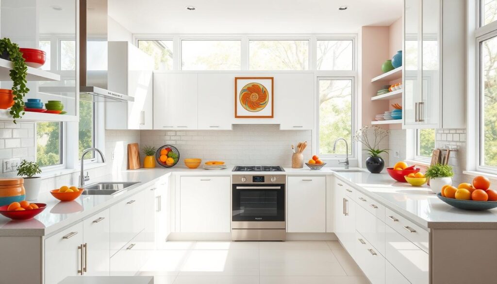 white kitchen with pops of color